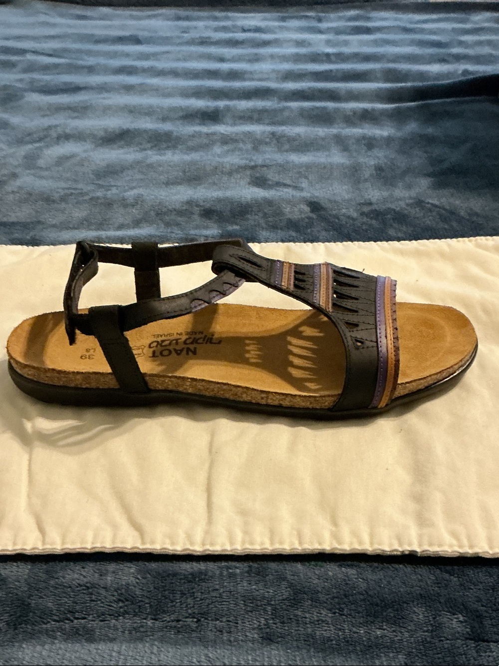 Naot Black Leather T-Strap Sandal with Purple Trim
